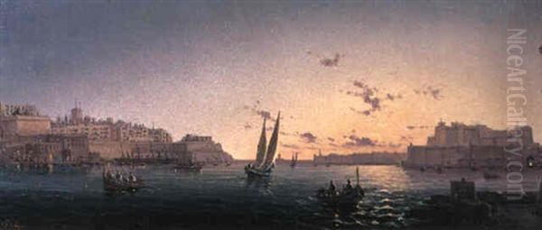 Shipping Off Valletta At Sunset Oil Painting by Luigi Maria Galea