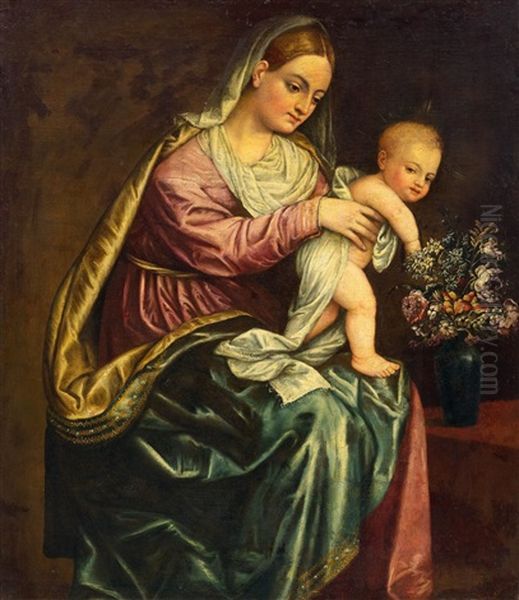 Madonna With The Infant Jesus And A Bouquet Of Flowers Oil Painting by Giovanni Gaetano Galeazzi