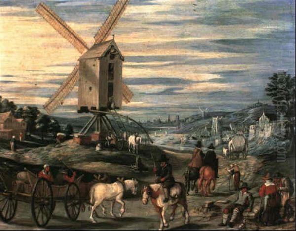 A Horsedrawn Cart And Riders Travelling Along A Country     Path Before A Windmill With A River And Distant Town Oil Painting by Nicolaes van Galen