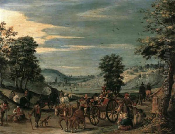 A Horsedrawn Cart Transporting Revellers Along A Country    Road In A River Valley Oil Painting by Nicolaes van Galen