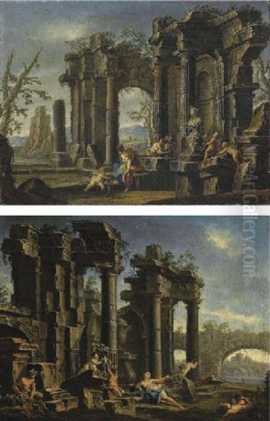 Capriccio Architettonico Con Figure Classiche E Colonnato; E Ponte Romano In Lontananza (2 Works Attributed To Sebastiano Galeotti & Collaborator And Clemente Spera) Oil Painting by Sebastiano Galeotti