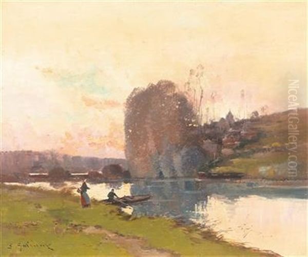 Riverbank At Sunset With Decorative Figures Oil Painting by Eugene Galien-Laloue