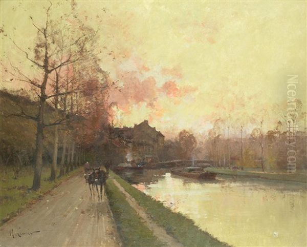 Canal Au Soleil Couchant Oil Painting by Eugene Galien-Laloue