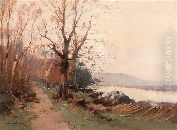 River Landscape Oil Painting by Eugene Galien-Laloue