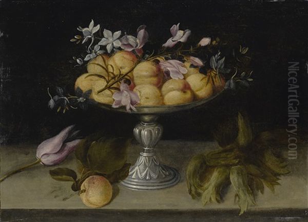 Still Life Of Peaches, Jasmine, And A Spray Of Hyacinth In A Metal Fruit Stand, With Tulips And Hazelnuts In The Hull, All On A Stone Ledge Oil Painting by Fede Galizia