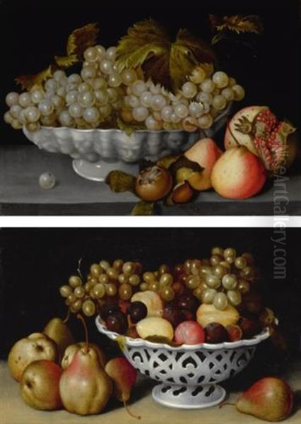 A Still Life Of A Porcelain Bowl Of Grapes On A Stone Ledge With A Medlar, Quinces, A Pomegranate And A Wasp; A Still Life Of A Porcelain Basket Of Plums And Grapes On A Stone Ledge With Pears Oil Painting by Fede Galizia