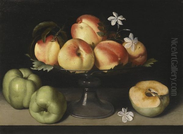 A Crystal Fruit Stand With Peaches, Quinces, And Jasmine Flowers Oil Painting by Fede Galizia