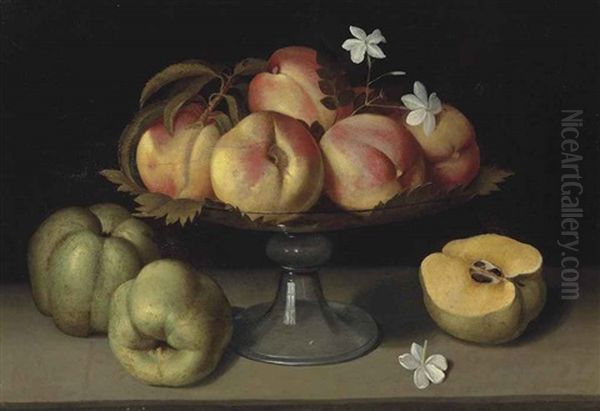 Peches Dans Une Coupe En Verre, Pommes Et Fleurs De Jasmin Oil Painting by Fede Galizia