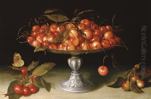 Cherries In A Silver Compote With Crabapples On A Stone Ledge And A Fritillary Butterfly Oil Painting by Fede Galizia