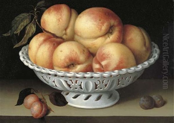 Peaches In A Pierced White Faience Basket Oil Painting by Fede Galizia