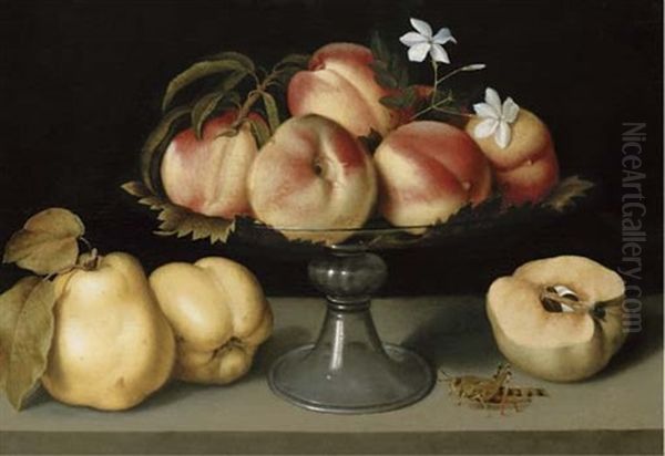 A Glass Compote With Peaches, Jasmine Flowers, Quinces And A Grasshopper Oil Painting by Fede Galizia