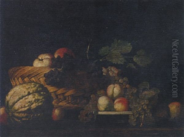 Apples And Grapes In A Wicker Basket, With Peaches On A White Plate And A Watermelon On A Stone Ledge Oil Painting by Fede Galizia