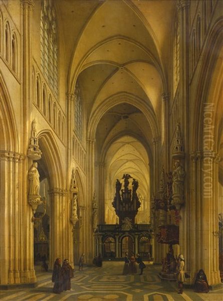 Interior Of A Cathedral Oil Painting by Louis Gallait