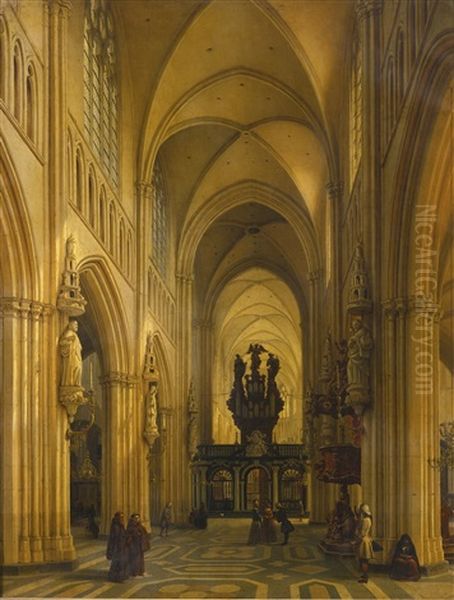 Interior Of A Cathedral Oil Painting by Louis Gallait