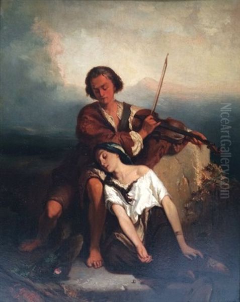 Violoniste Et Son Amante Oil Painting by Louis Gallait