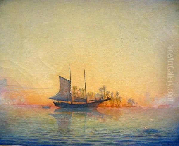 A Sailing Ship Moored Off A Tropical Island; And Another Painting Of A Similar Subject Oil Painting by Kenneth Newell Avery