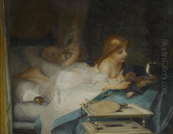 A Child And Doll On A Bed Oil Painting by Pierre-Victor Galland