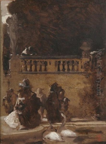 Figures Along Balustrade In Paris Park Oil Painting by Pierre-Victor Galland