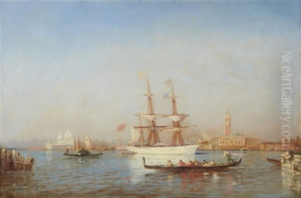 Venetian View With Gondola And Piazza San Marco In Distance Oil Painting by Paul Charles Emmanuel Gallard-Lepinay