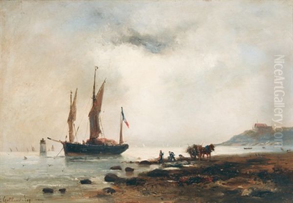 Bewolkte Kustenpartie Mit Segelschiff Und Staffage Oil Painting by Paul Charles Emmanuel Gallard-Lepinay