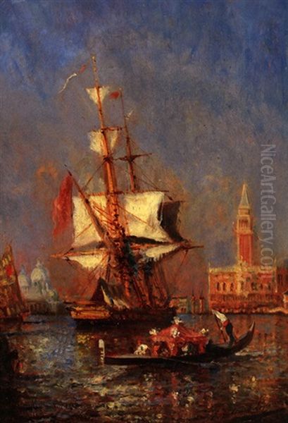 Segelschiff Und Eine Gondel Vor Dem Markusplatz In Venedig Oil Painting by Paul Charles Emmanuel Gallard-Lepinay