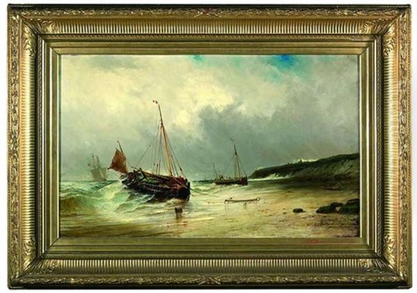 Unter Bewolktem Himmel Und Aus Sturmischer See Landen Fischerboote Am Strand Oil Painting by Paul Charles Emmanuel Gallard-Lepinay