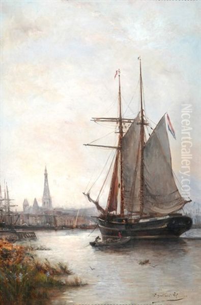 Ansicht Eines Franzosischen Hafens Mit Segelschiff Oil Painting by Paul Charles Emmanuel Gallard-Lepinay