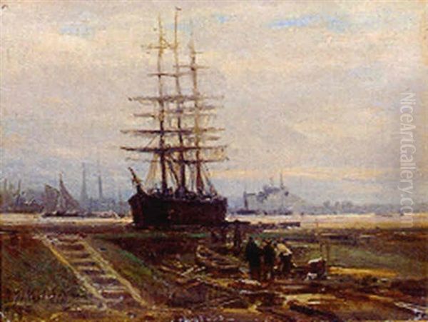 A Three-master In A Harbor Oil Painting by Paul Charles Emmanuel Gallard-Lepinay