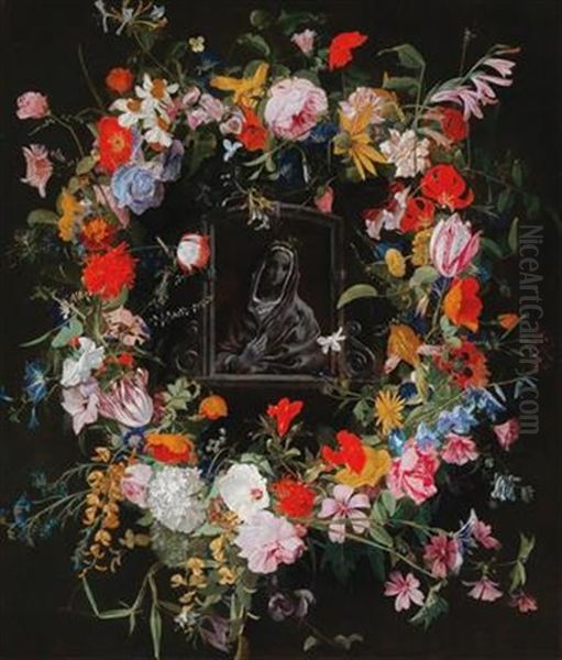 A Wreath Of Flowers Surrounding A Stone Niche With The Mater Dolorosa Oil Painting by Hieronymus Galle the Elder