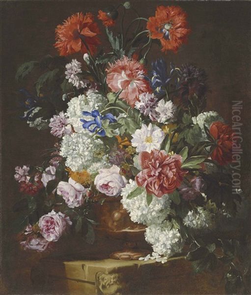 Roses, Peonies, Poppies, Carnations, Guelder Roses And Other Flowers In A Sculpted Terracotta Vase On A Stone Ledge Oil Painting by Hieronymus Galle the Elder