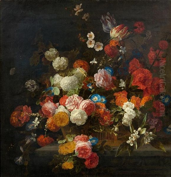 A Bouquet Of Flowers In A Basket With Roses, Snowballs And Tulips Oil Painting by Hieronymus Galle the Elder