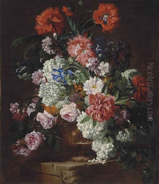 Roses, Peonies, Poppies, Carnations, Guelder Roses And Other Flowers In A Sculpted Terracotta Vase On A Stone Ledge Oil Painting by Hieronymus Galle the Elder