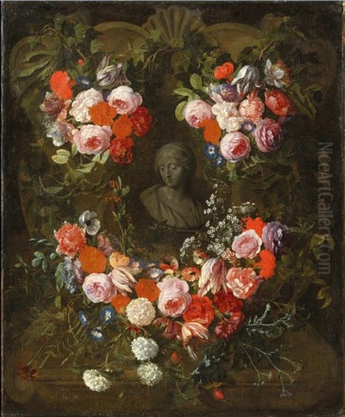 Buste De La Vierge En Grisaille Dans Une Couronne De Fleurs Oil Painting by Hieronymus Galle the Elder