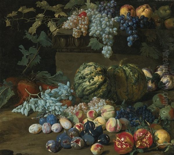 Pumpkins, Grapes, Peaches, Plums, Pomegranates, Pears, Figs, Apples, And Turnips By And On A Plinth Oil Painting by Hieronymus Galle the Elder