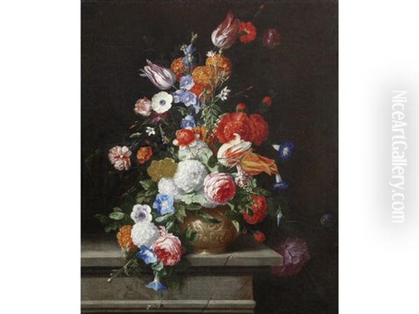 Roses, Tulips, Morning Glory And Other Flowers In An Urn On A Stone Ledge Oil Painting by Hieronymus Galle the Elder