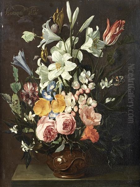 Roses, Lilies, Tulips And Other Flowers In An Earthenware Vase On A Table-top Oil Painting by Hieronymus Galle the Elder