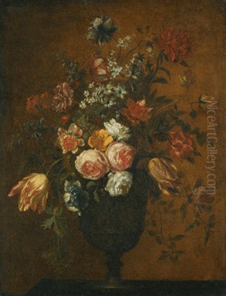 A Still Life With Roses, Tulips And Other Flowers In A Bas Relief Vase On A Stone Ledge Oil Painting by Hieronymus Galle the Elder