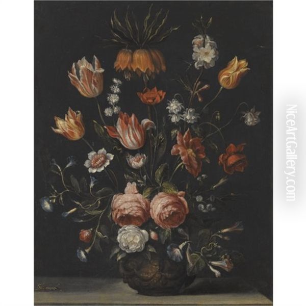 Still Life With Tulips, Roses, Petunias And Other Flowers In A Vase Resting On A Stone Plinth Oil Painting by Hieronymus Galle the Elder