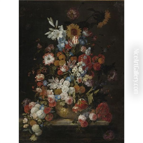 Still Life Of Roses, Tulips, Morning Glories, Irises, Carnations, Lilies, Snowballs, A Sunflower And Other Flowers, In A Sculpted Vase Resting On A Ledge Oil Painting by Hieronymus Galle the Elder