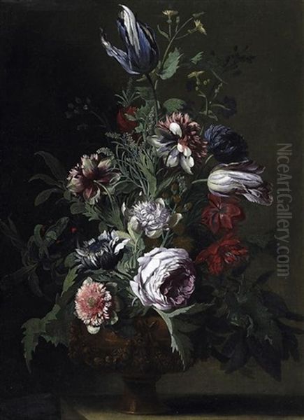 Blumenstilleben. In Einer Reliefierten Vase Ein Straus Mit Tulpen Und Pfingstrosen Oil Painting by Hieronymus Galle the Elder