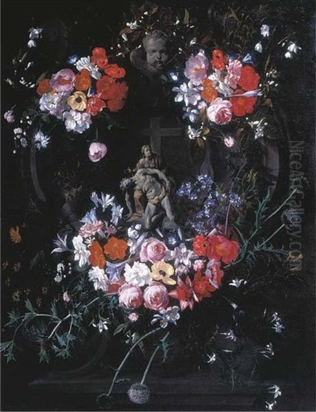 A Trompe L'oil Relief Of The Pieta In A Stone Carved Tondo, Surrounded By Festoons Of Flowers And Thistles Oil Painting by Hieronymus Galle the Elder