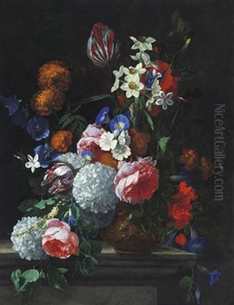 Ein Blumenstraus Mit Tulpen, Narzissen, Schneeballen, Peonien, Rosen Und Anderen Bluten In Einer Verzierten Vase Auf Einer Tischplatte Oil Painting by Hieronymus Galle the Elder