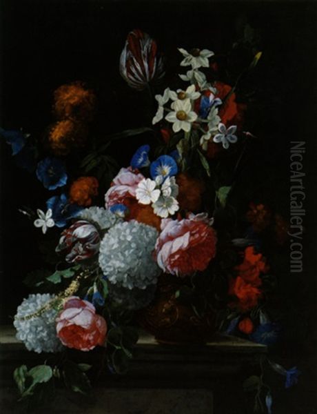 Ein Blumenstraus Mit Tulpen, Narzissen, Schneeballen, Peonien, Rosen Und Anderen Bluten In Einer Verzierten Vase Oil Painting by Hieronymus Galle the Elder