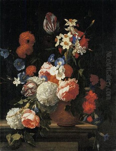 Tulips, Peonies, Morning Glory, Narcissi And Other Flowers In A Decorated Vase On A Ledge Oil Painting by Hieronymus Galle the Elder