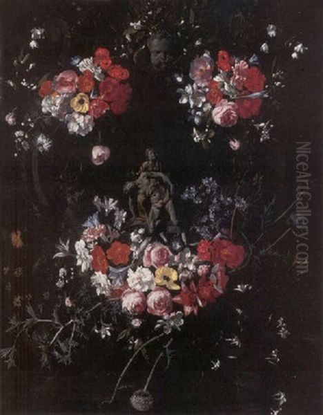 A Garland Of Thistle, Morning Glory, Roses, Lily, Jasmine, Carnations And Other Flowers Surrounding A Trompe L'oeil Relief Of The Pieta Oil Painting by Hieronymus Galle the Elder