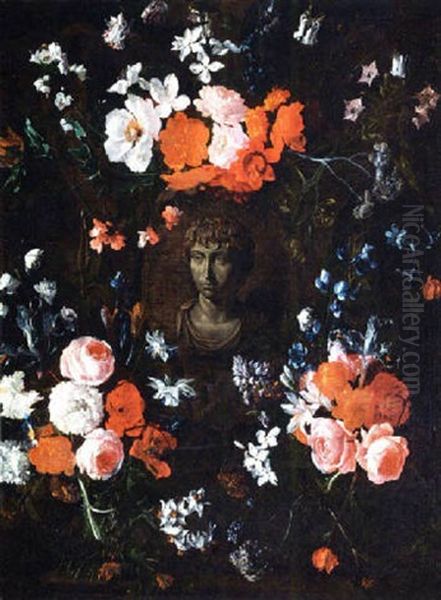 A Flower Garland Around A Cartouche With A Painted Bust Of Emperor Oil Painting by Hieronymus Galle the Elder