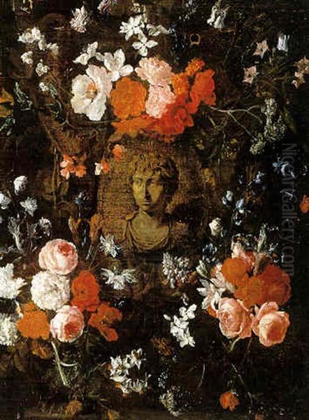 A Flower Garland Around A Cartouche With Aa Painted Bust Oil Painting by Hieronymus Galle the Elder