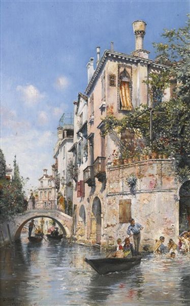 Gondolas On A Canal, Venice Oil Painting by Jose Gallegos Y Arnosa