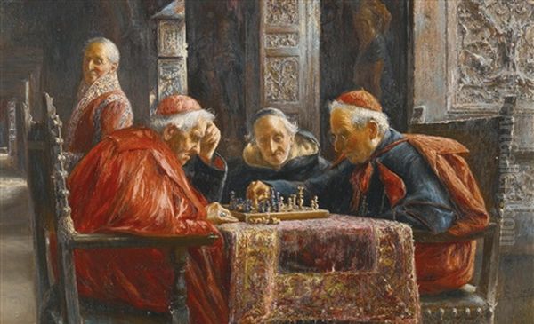 A Game Of Chess Oil Painting by Jose Gallegos Y Arnosa