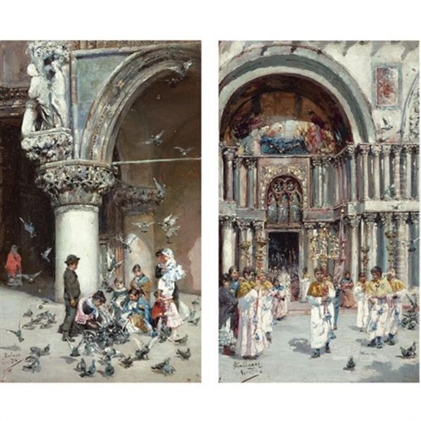 Outside Saint Mark's Basilica (+ Venice; Pair) Oil Painting by Jose Gallegos Y Arnosa